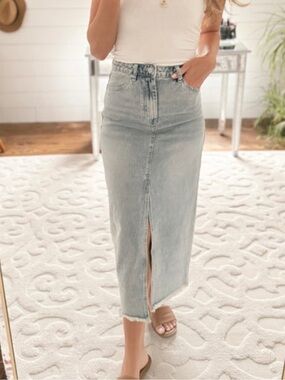 Mustard Seed Light Wash Denim Maxi Skirt with Front Slit